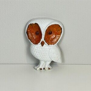Vintage Chalkware Owl Wall Hanging White Brown 70s Boho Nature